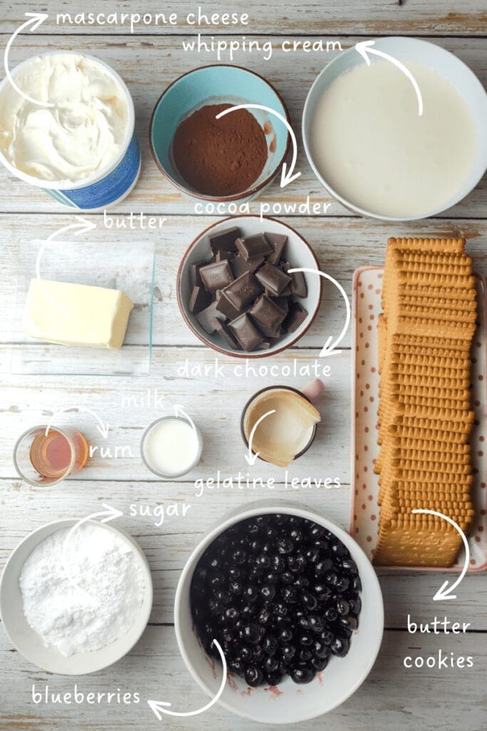 ingredients for blueberry chocolate cake