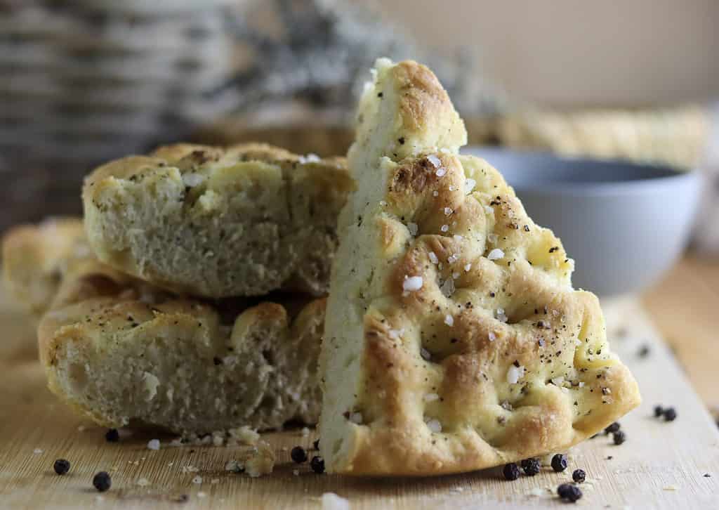 black pepper focaccia slices