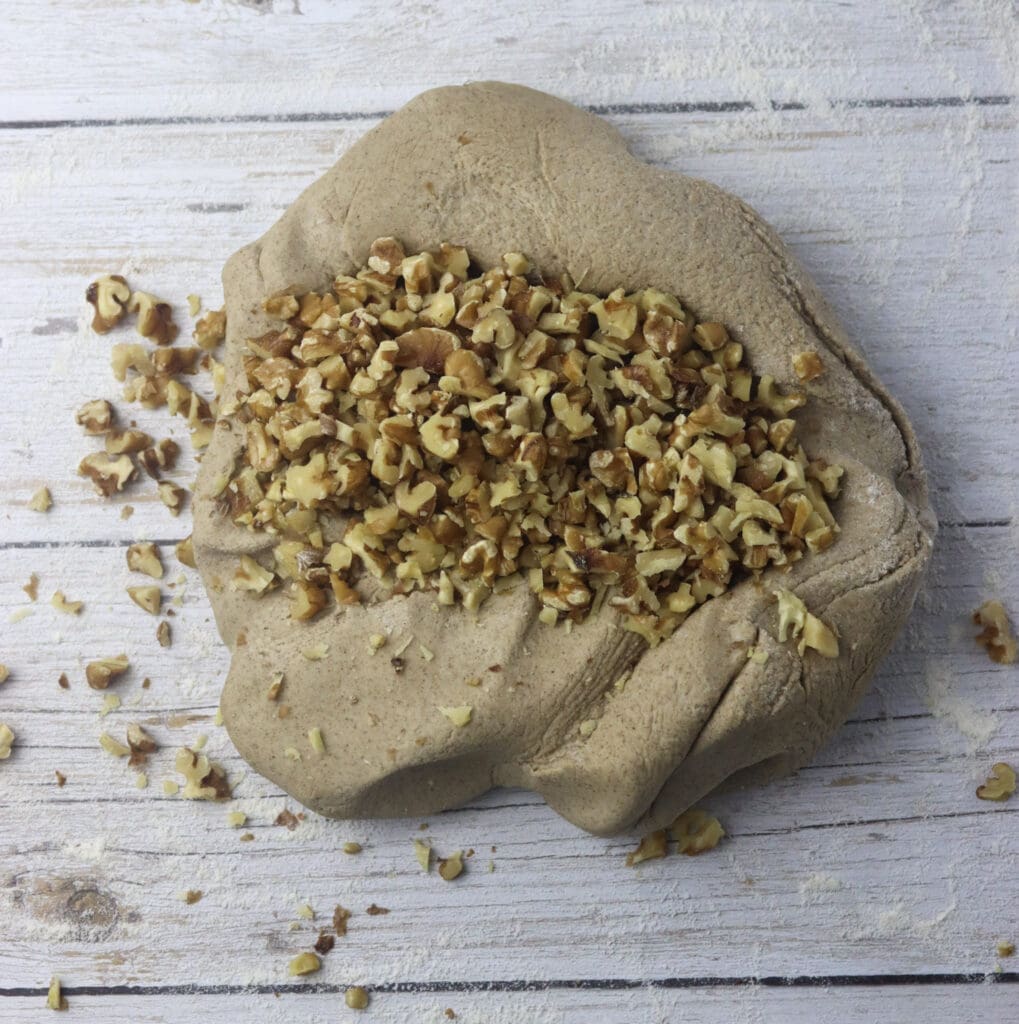 kneading buckwheat bread with walnuts