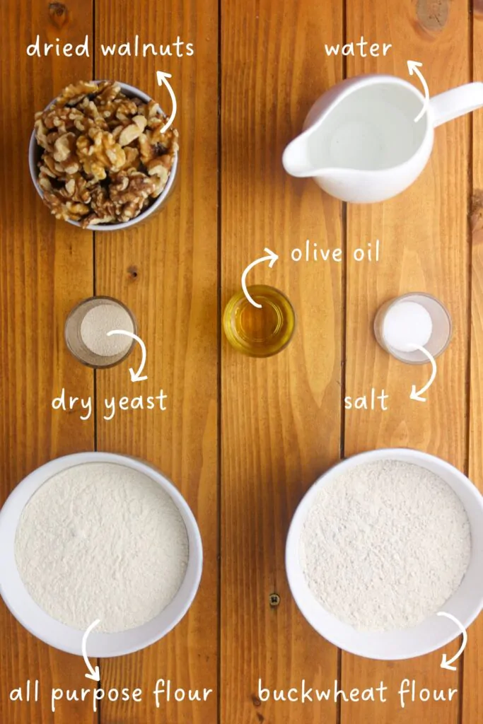 buckwheat bread with walnuts ingredients: buckwheat flour, all-purpose flour, yeast, salt, olive oil and dried walnuts
