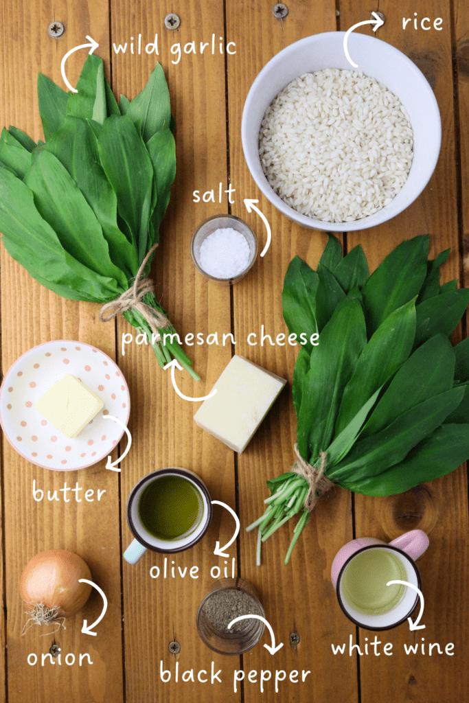 gathering ingredients for wild garlic risotto: fresh wild garlic leaves, arborio rice, salt, black pepper, butter, olive oil and white wine. 