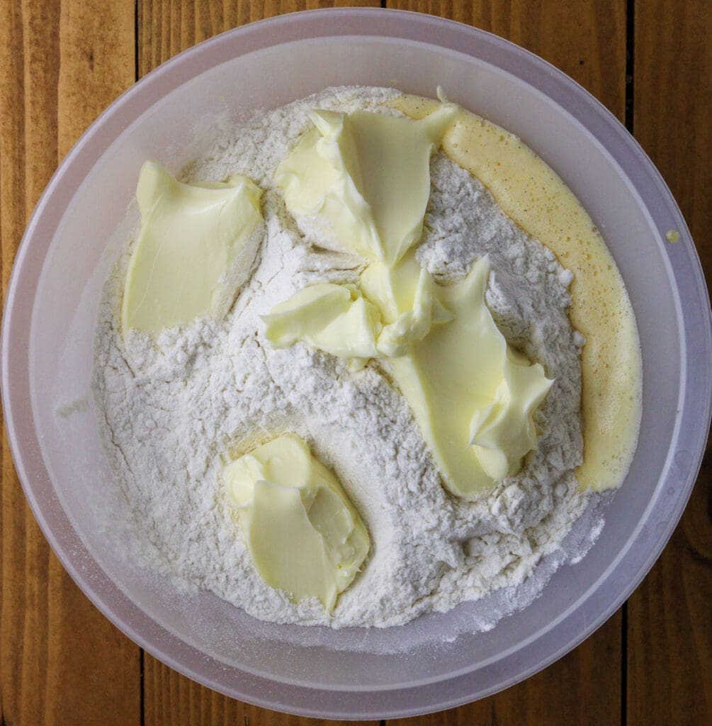 image showing mixing together ingredients for babka dough