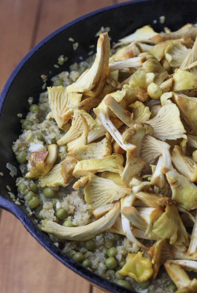 Image showing bulgur risotto with added fresh chanterelle mushrooms while cooking risotto. 