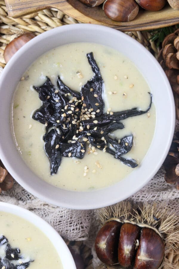 pear potato creamy soup with black trumpet mushrooms