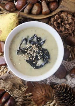 pear potato soup with black trumpet mushrooms