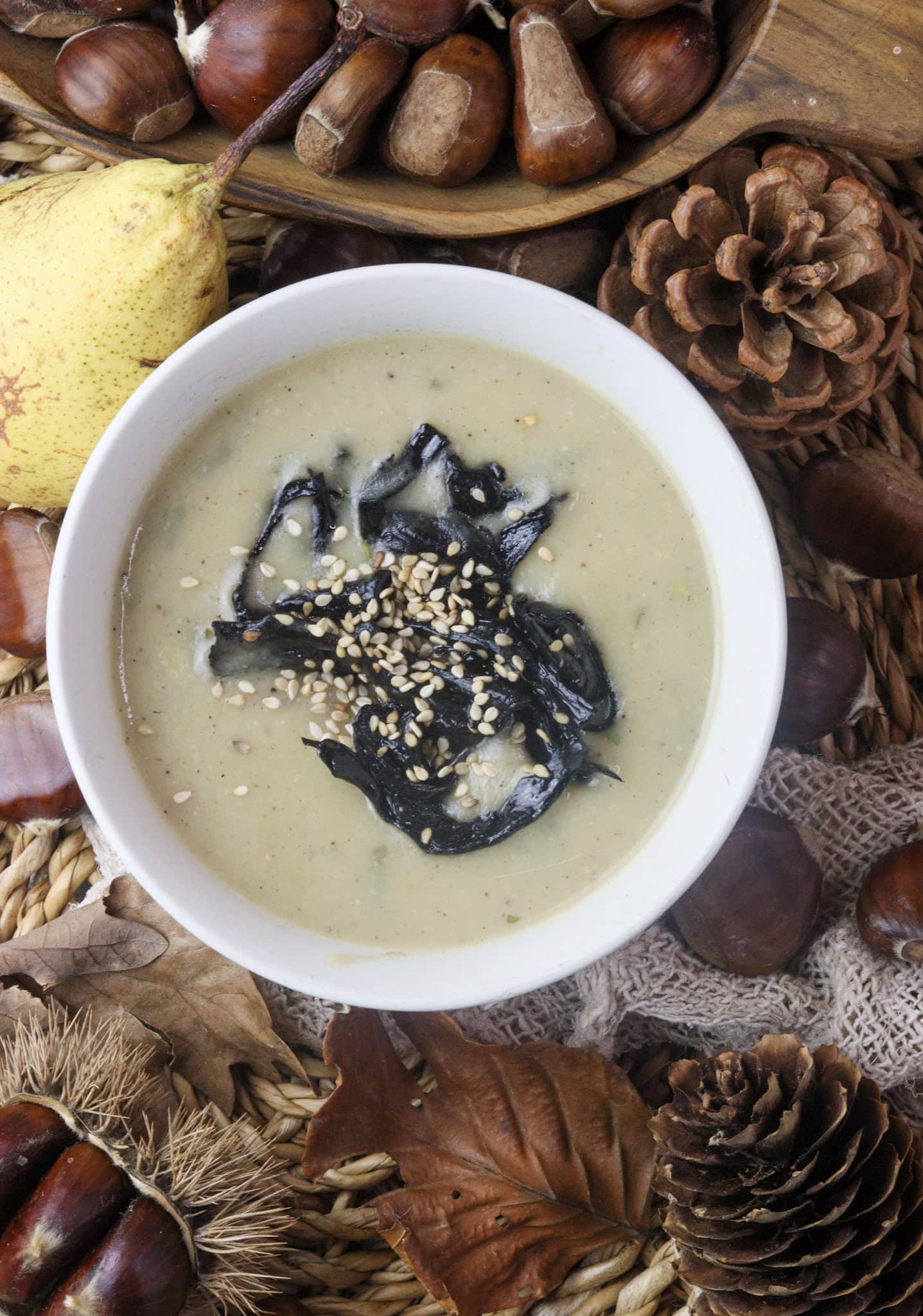 pear potato soup with black trumpet mushrooms