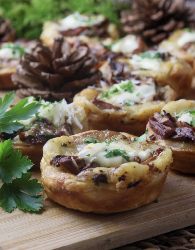 Culinary representation of saffron milk cap tarts with parsley and cones in the background