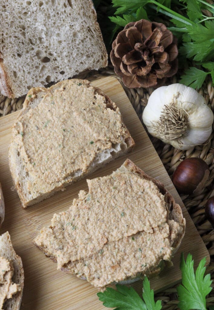 fresh rustic bread topped with saffron milk cap mushroom pate made by food nutters recipe