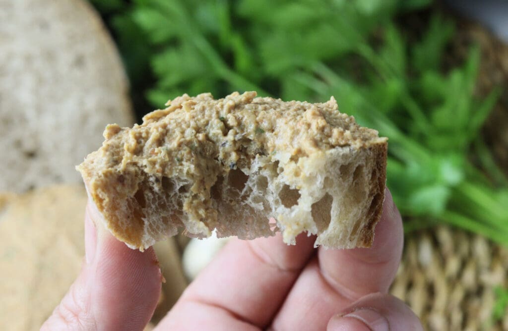 image of a bread bite with saffron milk cap mushroom pate 