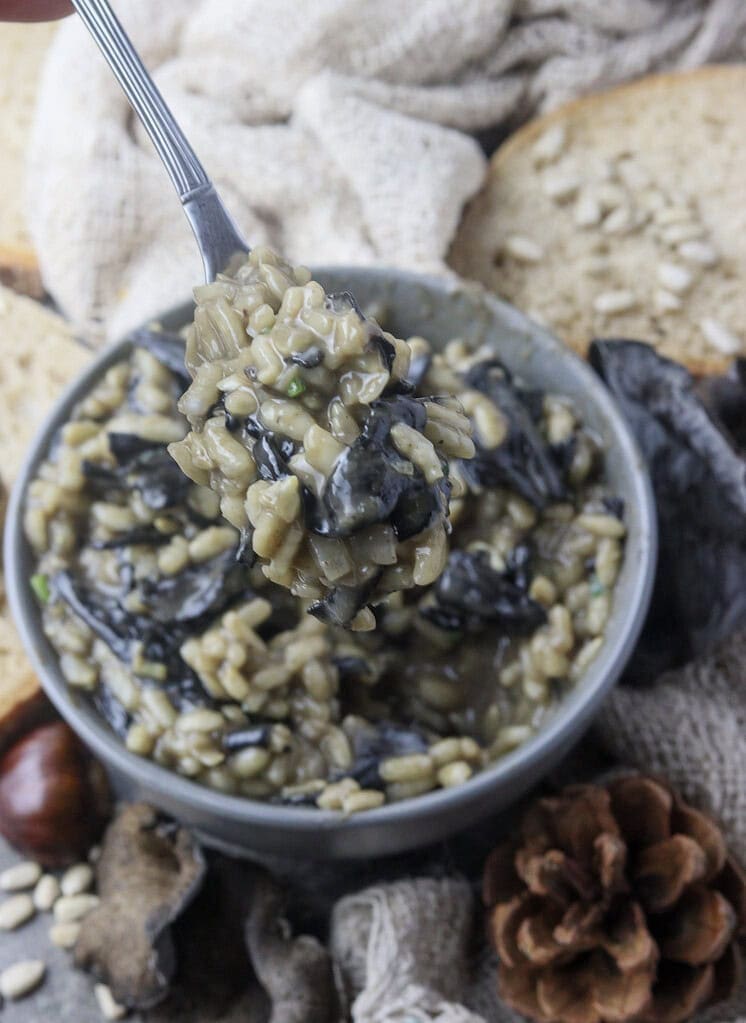 image showing a spoonful of black trumpet risotto served on the table