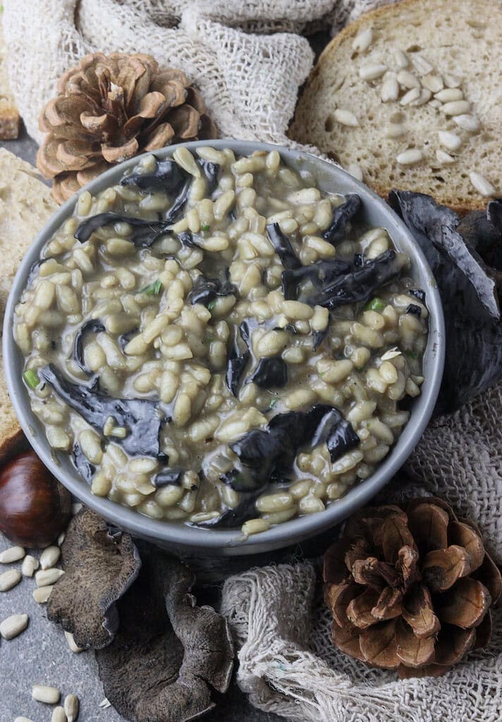 culinary representation of black trumpet risotto bowl served with bread