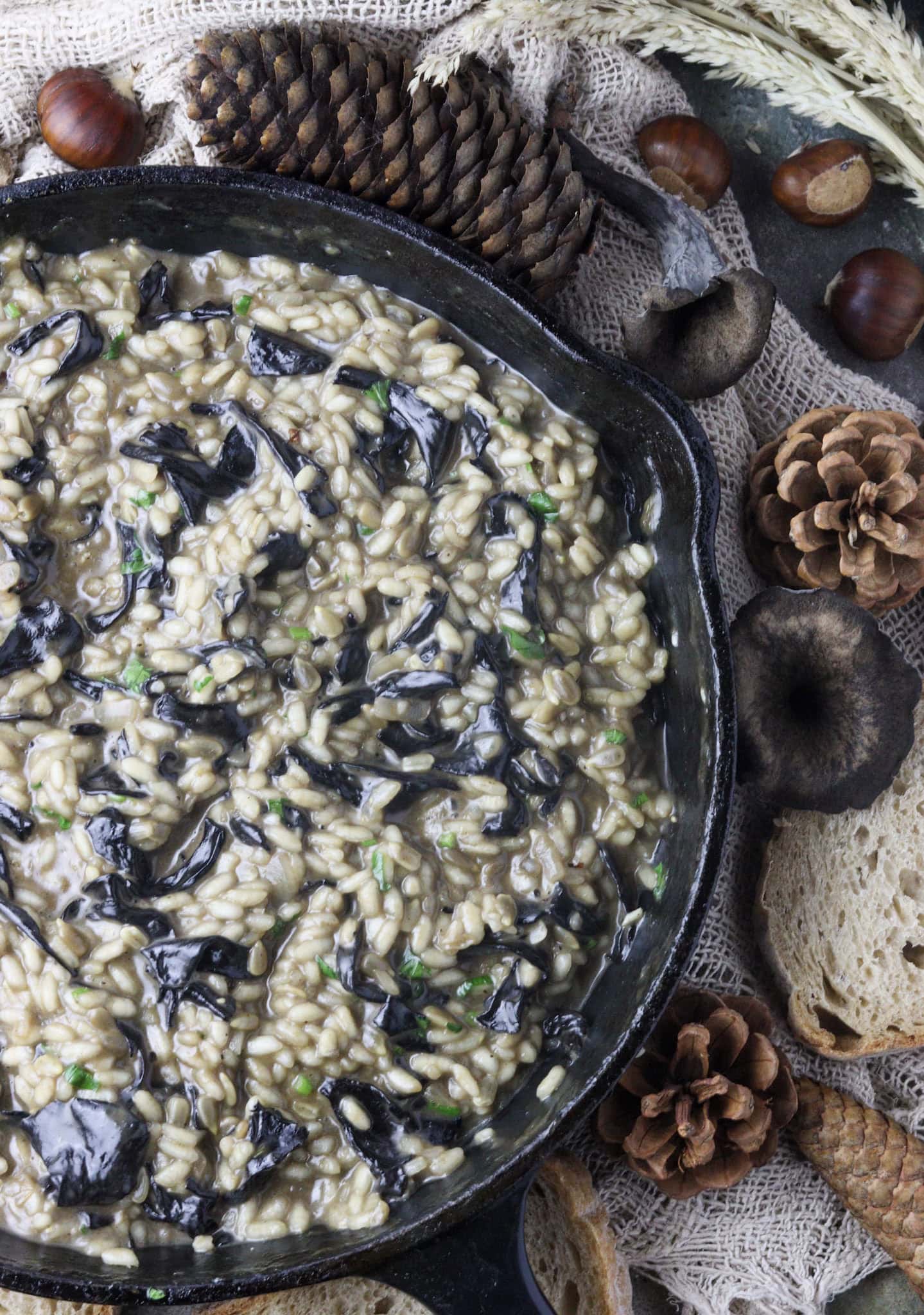 freshly cooked black trumpet risotto