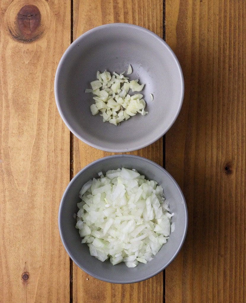 image showing how to dice garlic and onions for risotoo