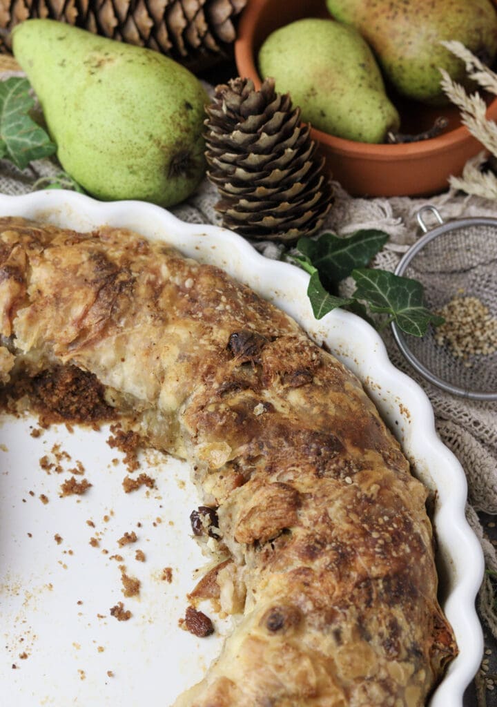 image showing the outer part of baked cheese strudel with pears and raisins