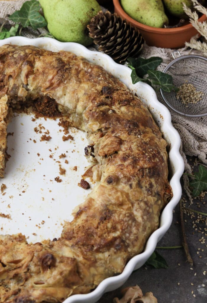 homemade pear cheese strudel with raisins