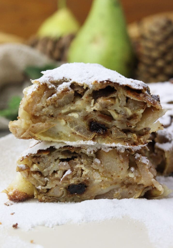 chunks of pear cheese strudel with raisins