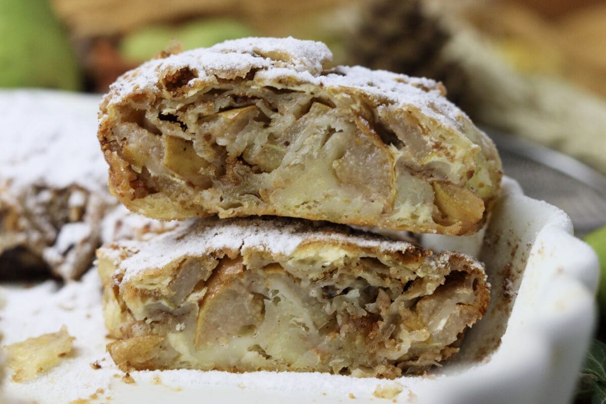 image of two slices of delicious pear cheese strudel