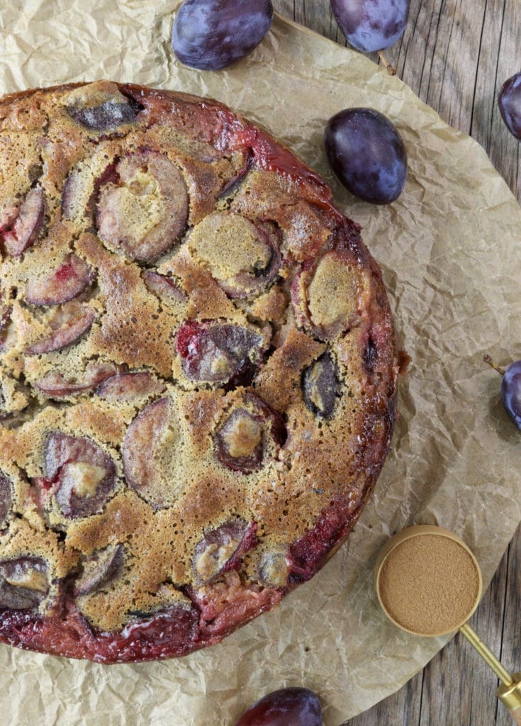 Freshly baked buckwheat plum clafoutis coming right out of the oven 
