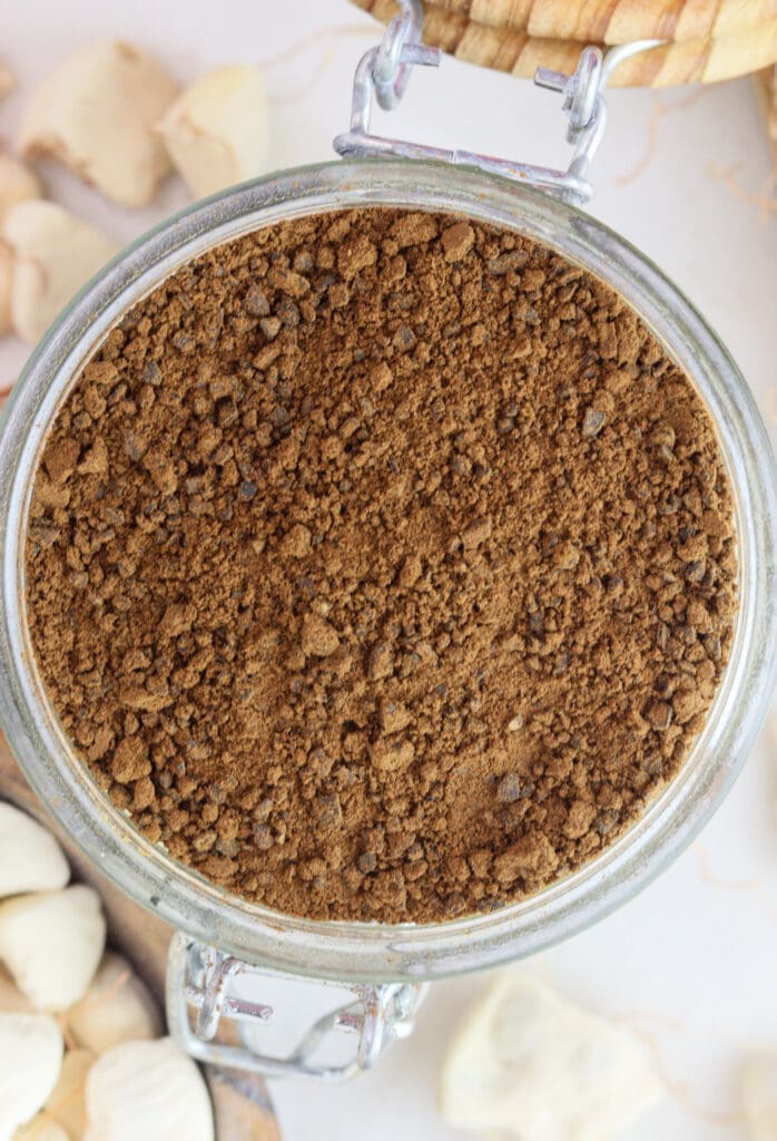 A jar of fresh baobab coffee powder. 