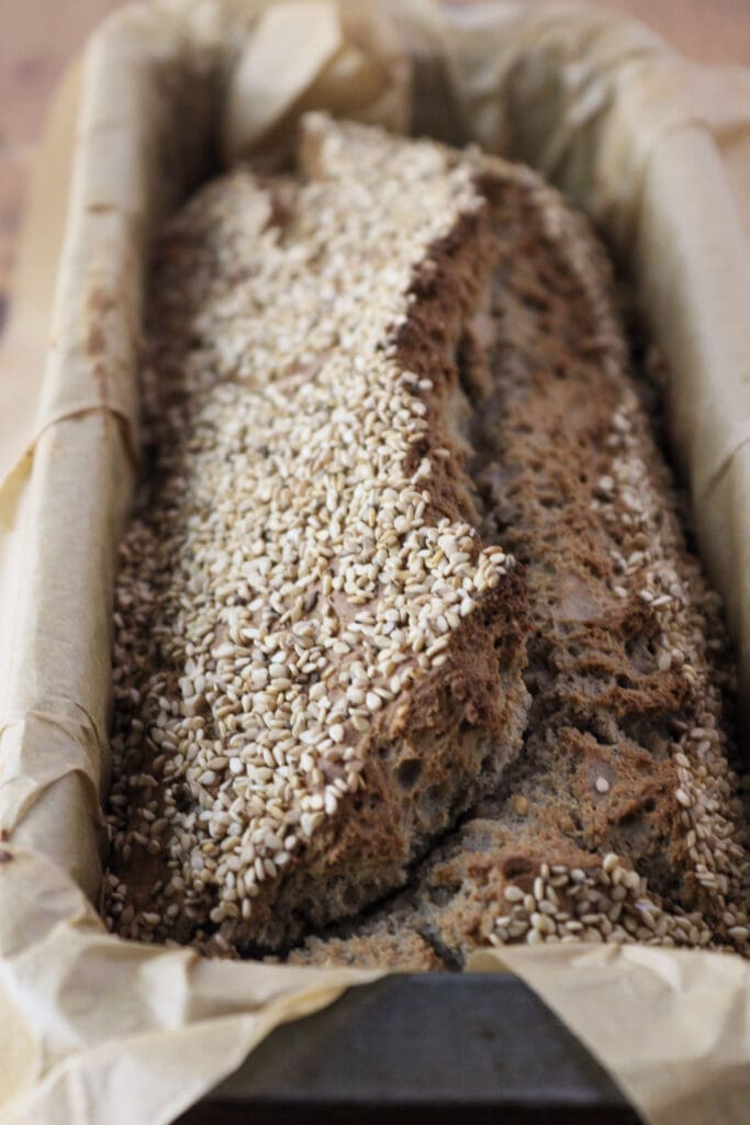 The crack on baked buckwheat flour bread with yogurt.