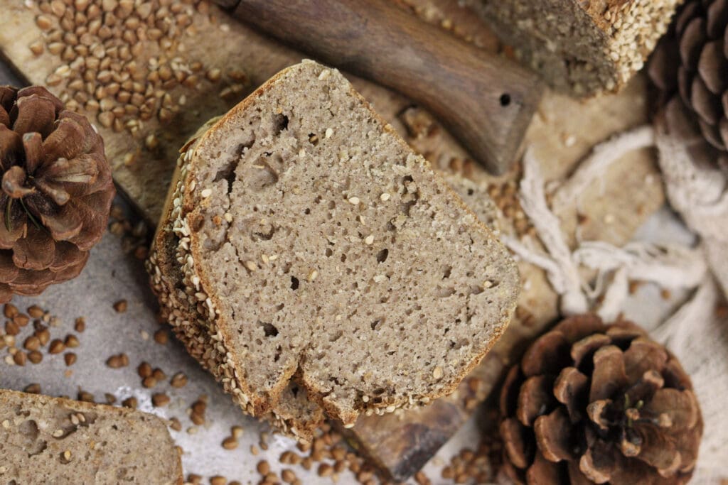 A slice of buckwheat soda bread, gluten-free, with yogurt