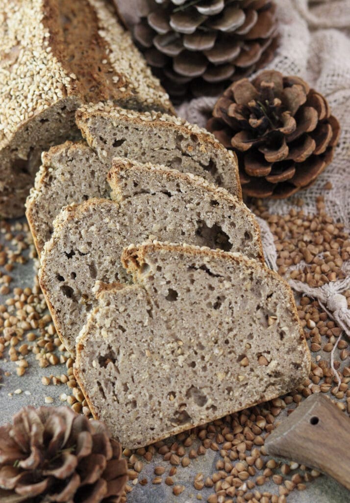 Close-up of sliced buckwheat soda bread with bread no yeast, with a golden crust and earthy, nutty texture.