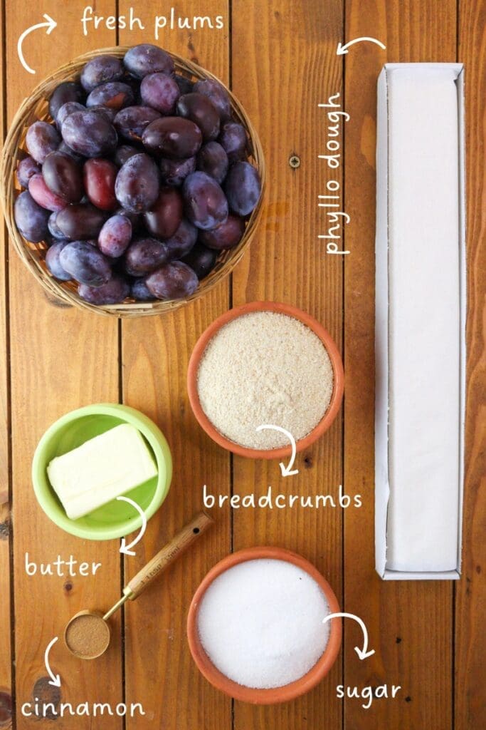 The ingredients needed to make plum strudel.