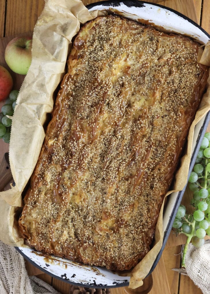 Baked chicken of the woods pie with phyllo dough in a baking pan.