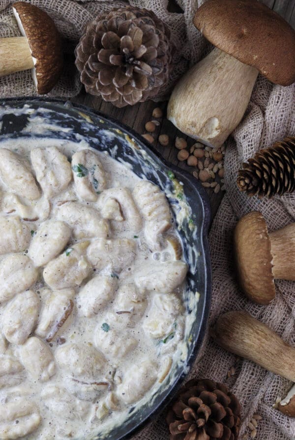 Creamy porcini mushroom sauce in a pan with fresh porcini in the background.