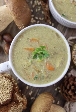 Image of two bowls of creamy slovenian porcini mushroom soup