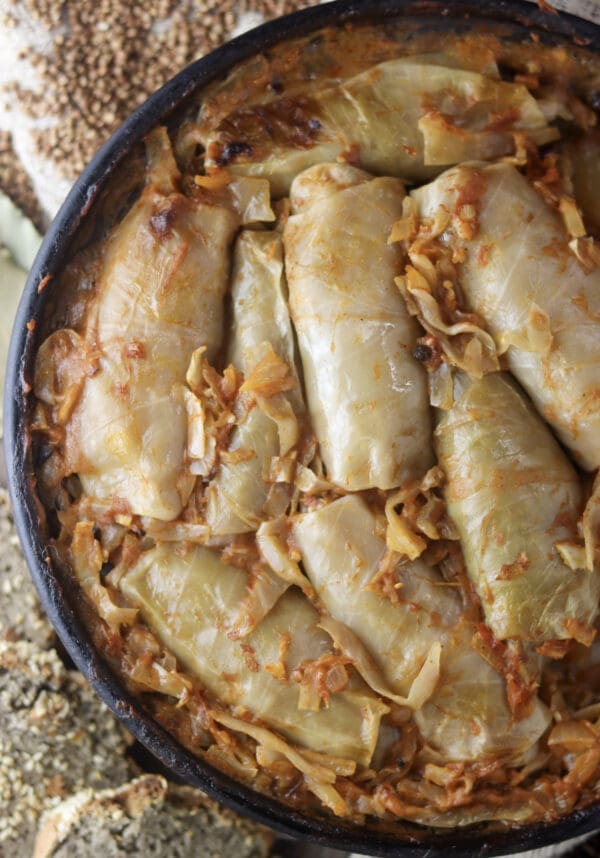 Delicouso baked stuffed cabbage rolls with buckwheat coming right out of the oven.