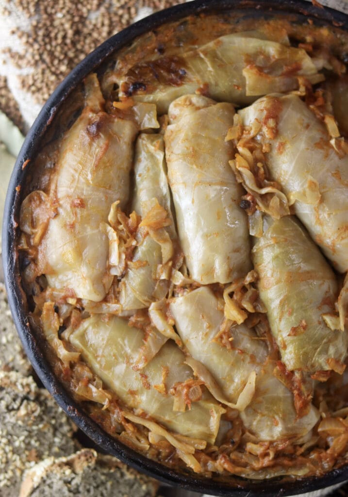 Delicouso baked stuffed cabbage rolls with buckwheat coming right out of the oven.